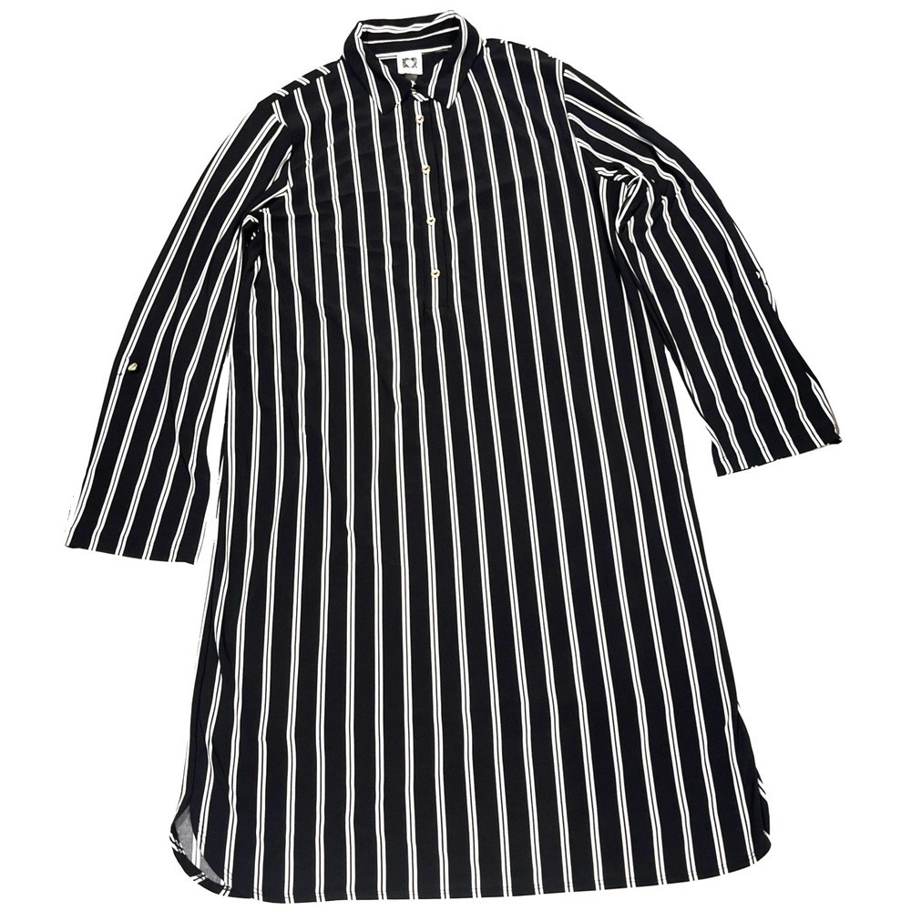 Anne Klein Women Black White Striped Button Front Shirt Dress Gold Lion Buttons